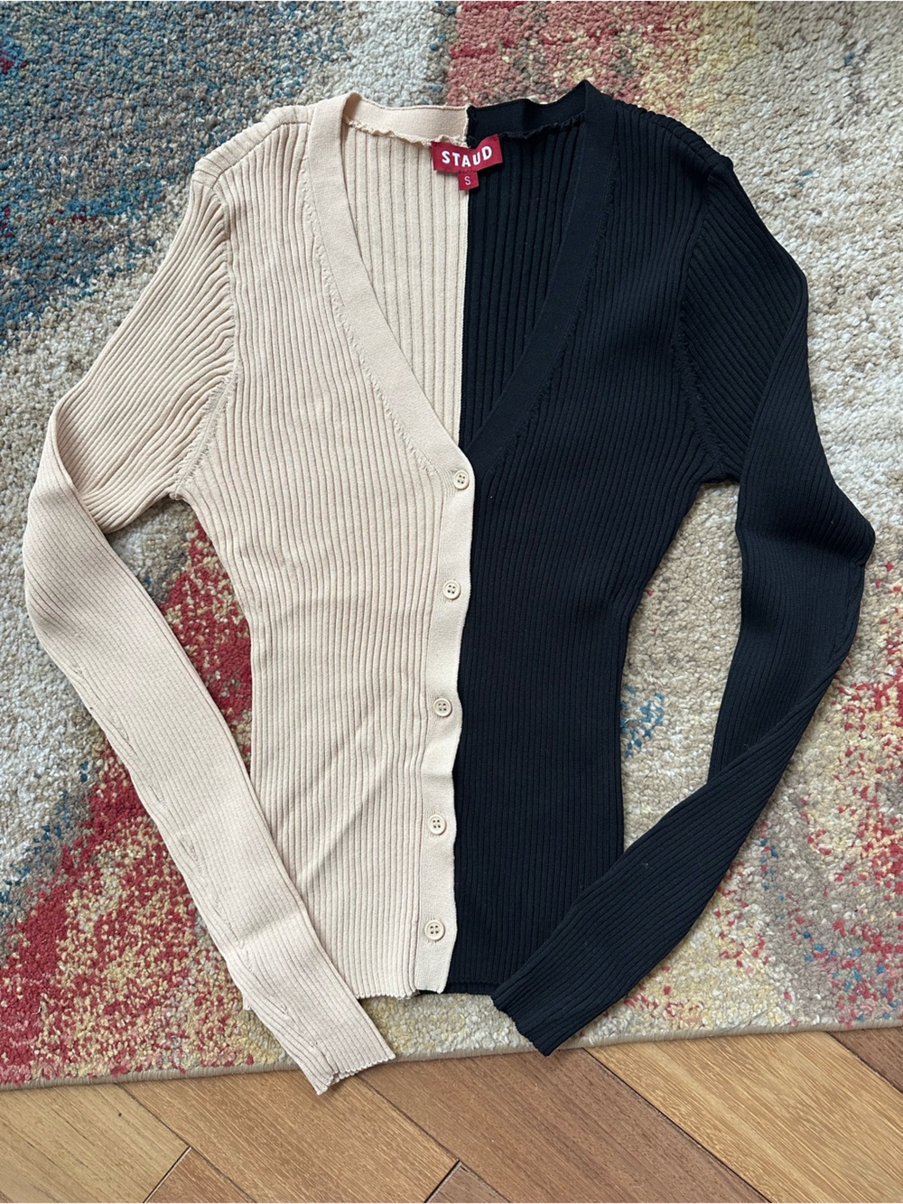 STAUD Two-Tone Ribbed V-Neck Button Cardigan in Beige and Black